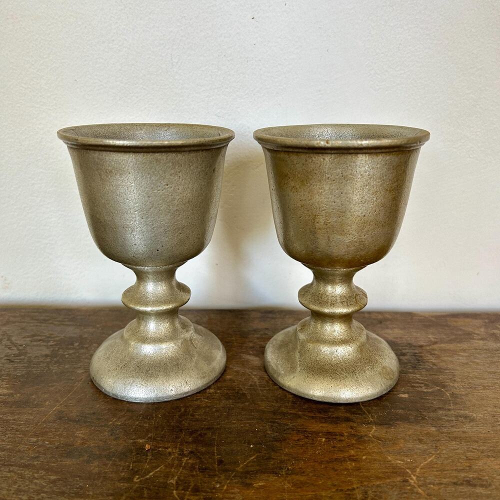 Vintage Pewter Goblets Pair Bud Vases | Rustic Old World Chalice Centerpiece